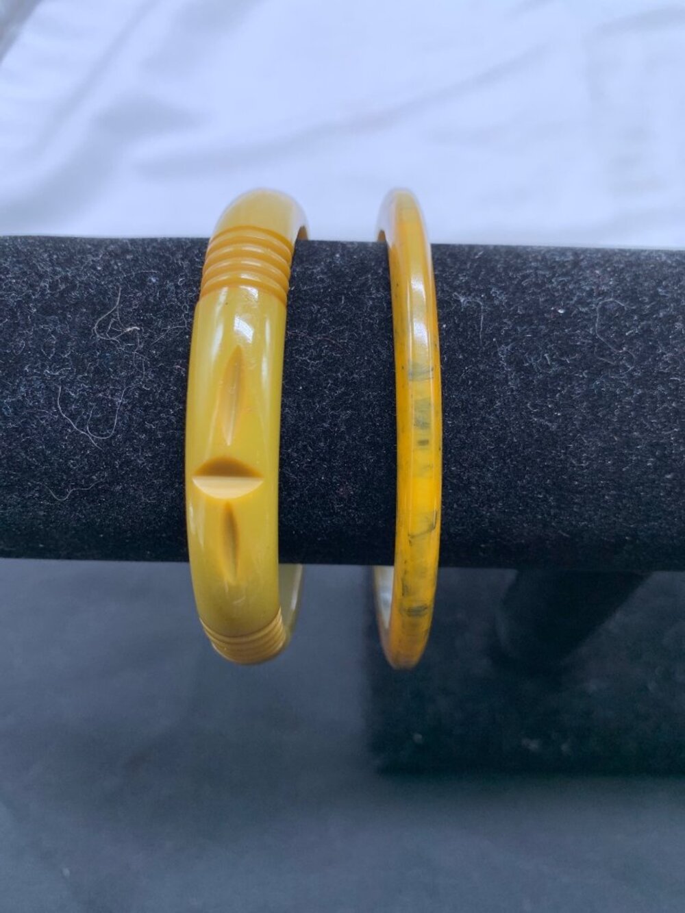 Vintage Yellow Bakelite Bangle Bracelets Set Of 2 Marbled Carved Design